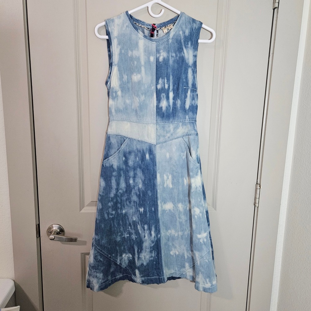 Holding Horses Anthropologie Blue Bleached Tie Dye Denim Linen Dress Size 4
